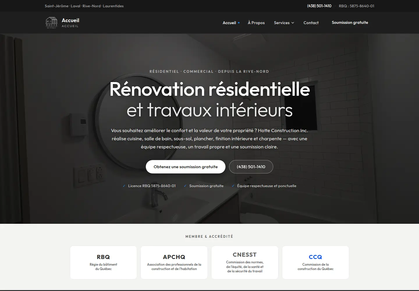 Aperçu du site de Hotte Construction conçu par Weberly